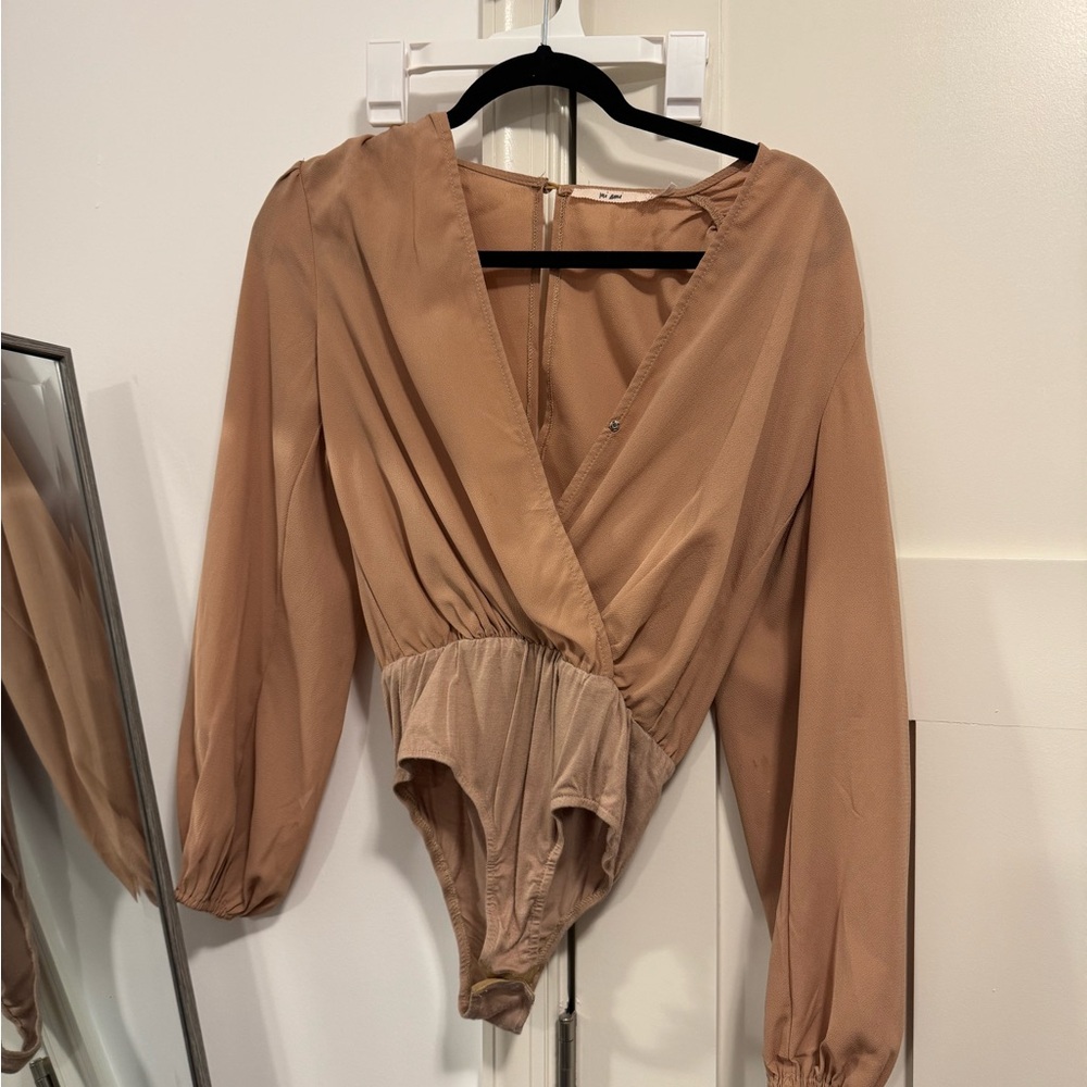 Francesca's Collections Tan Long Sleeve Wrap Bodysuit
